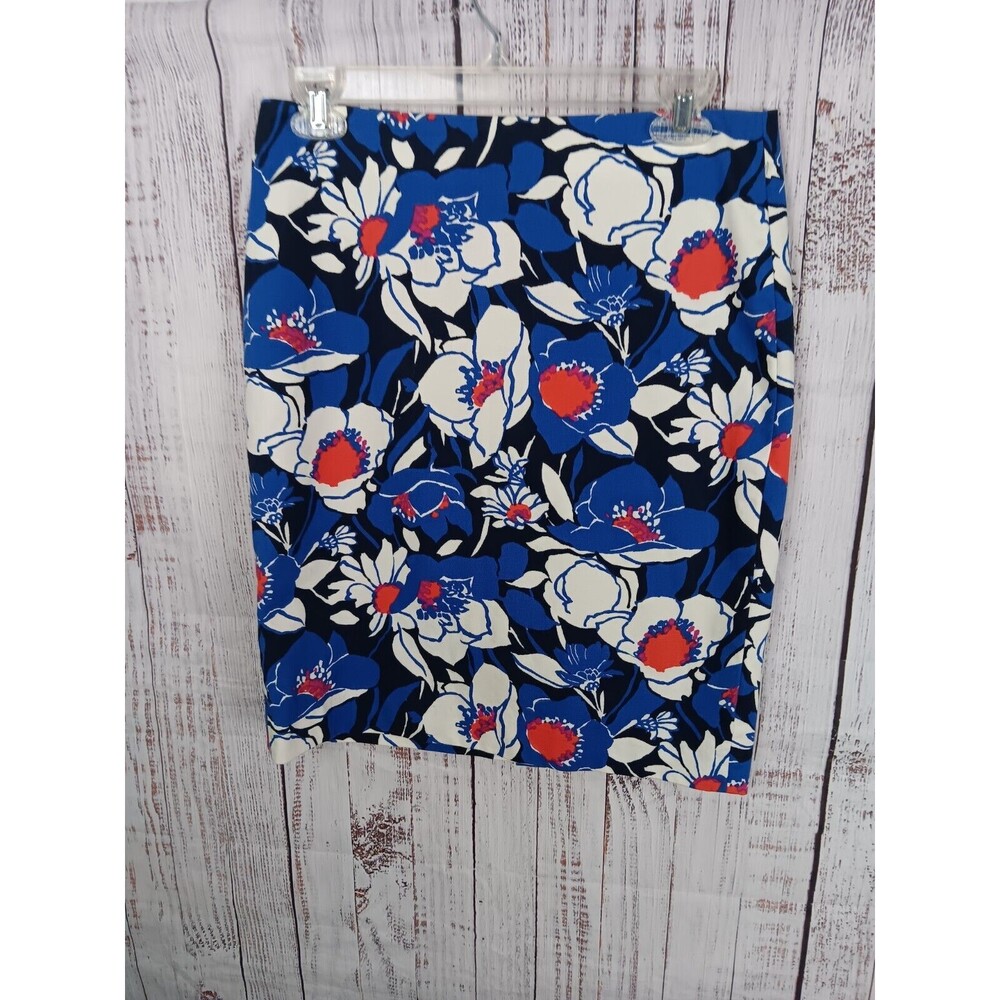 Talbots Skirt Women’s 4P Blue Floral Print Cotton Pencil Lined Back Zip Kick